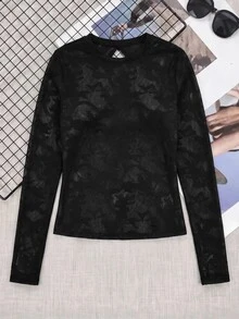 SHEIN Cheerettes 女款多功能網眼圓領長袖運動T恤 - 黑色 - 查看 2