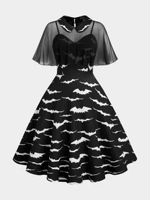 Sunspun Plus Size Halloween Bat Print Shawl Decor Dress - Black - View 1