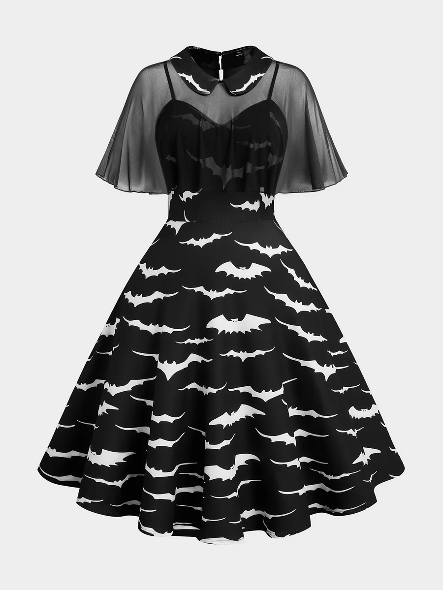 Sunspun Plus Size Halloween Bat Print Shawl Decor Dress - Black - View 1