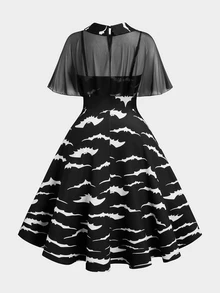 Sunspun Plus Size Halloween Bat Print Shawl Decor Dress - Black - View 2