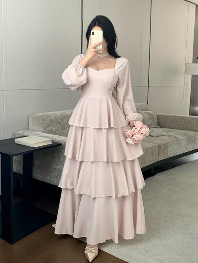 Celisse Apricot Sweetheart Collar Petal Sleeve Layered Cake Skirt Elegant Women's Long Dress