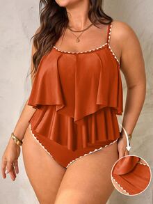 Swim Lushoire 2pcs Plus Size Women Green Spaghetti Strap Ruffle Trim Top & High Waist Ruffle Trim Pants Set, Summer Beach Holiday - Brown - View 1
