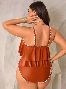 Swim Lushoire 2pcs Plus Size Women Green Spaghetti Strap Ruffle Trim Top & High Waist Ruffle Trim Pants Set, Summer Beach Holiday - Brown - View 2