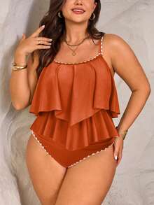 Swim Lushoire 2pcs Plus Size Women Green Spaghetti Strap Ruffle Trim Top & High Waist Ruffle Trim Pants Set, Summer Beach Holiday - Brown - View 3