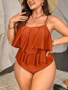 Swim Lushoire 2pcs Plus Size Women Green Spaghetti Strap Ruffle Trim Top & High Waist Ruffle Trim Pants Set, Summer Beach Holiday - Brown - View 4