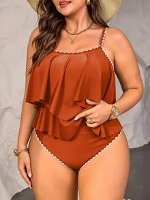 Swim Lushoire 2pcs Plus Size Women Green Spaghetti Strap Ruffle Trim Top & High Waist Ruffle Trim Pants Set, Summer Beach Holiday - Brown - View 5