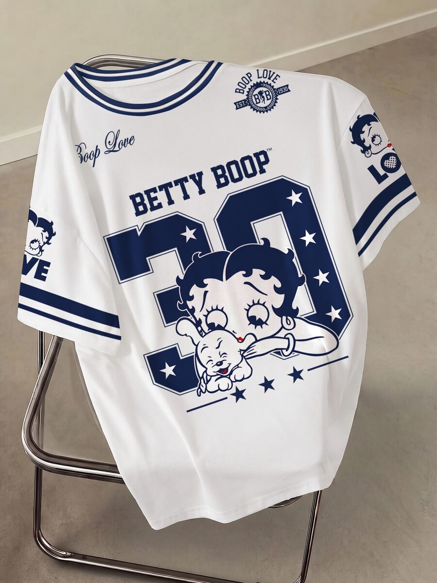 Betty Boop x SHEIN Plus Size Summer Casual Cartoon Print T-Shirt - White - View 1