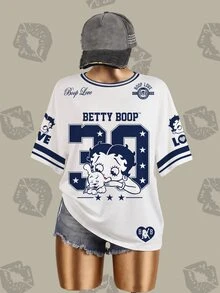 Betty Boop x SHEIN Plus Size Summer Casual Cartoon Print T-Shirt - White - View 5