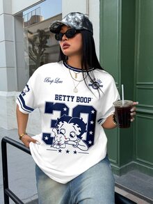 Betty Boop x SHEIN Plus Size Summer Casual Cartoon Print T-Shirt - White - View 7