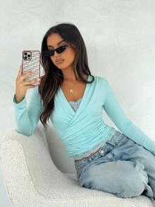 Aloruh 女款優雅性感V領蕾絲拼接修身長袖淺藍色T恤，青綠薄荷色上衣，適合外出，秋季 - 水鴨藍 - 查看 7