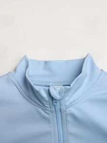 SHEIN 青少年女孩藍色長袖拉鍊立領T恤、背心與內搭褲運動套裝 3件組 - 藍色 - 查看 5