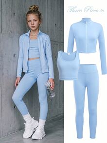 SHEIN 青少年女孩藍色長袖拉鍊立領T恤、背心與內搭褲運動套裝 3件組 - 藍色 - 查看 16