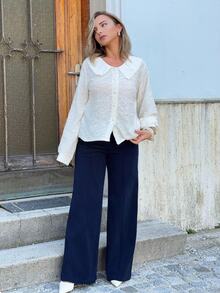 Jeta Ari Women's Brown Corduroy Trousers With Unique Design, Retro Buckle Belt, Suitable For Commuting, Office And Casual Wear, Autumn/Winter - Navy Blue - View 4
