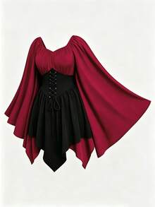 Sweetra Halloween Easter Performance Cosplay European American Style Tie-Up Off-Shoulder Long Batwing Sleeve Light Gothic Contrast Color Asymmetrical Plus Size Dress For Women - Burgundy - View 2