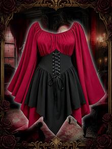Sweetra Halloween Easter Performance Cosplay European American Style Tie-Up Off-Shoulder Long Batwing Sleeve Light Gothic Contrast Color Asymmetrical Plus Size Dress For Women - Burgundy - View 1