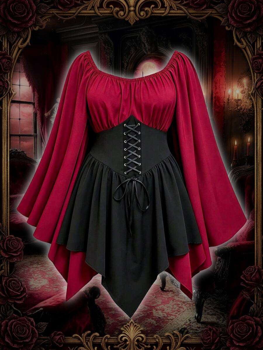 Sweetra Halloween Easter Performance Cosplay European American Style Tie-Up Off-Shoulder Long Batwing Sleeve Light Gothic Contrast Color Asymmetrical Plus Size Dress For Women - Burgundy - View 1