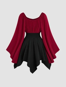 Sweetra Halloween Easter Performance Cosplay European American Style Tie-Up Off-Shoulder Long Batwing Sleeve Light Gothic Contrast Color Asymmetrical Plus Size Dress For Women - Burgundy - View 4