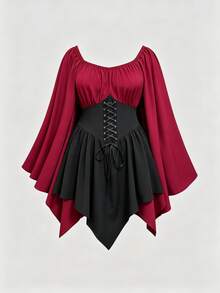 Sweetra Halloween Easter Performance Cosplay European American Style Tie-Up Off-Shoulder Long Batwing Sleeve Light Gothic Contrast Color Asymmetrical Plus Size Dress For Women - Burgundy - View 3