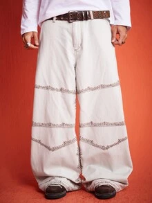 ROMWE MEN Casual Men's Contrast Stitching Button Pocket Loose Wide Leg Denim Jeans - White - View 4