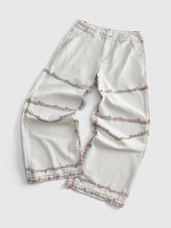 Casual Jeans de mezclilla de pierna ancha y holgada con costuras de contraste y bolsillo con botón para hombres