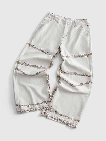 Casual Herren Jeans mit Kontrastnähten, Knopf und Tasche, locker geschnitten mit weitem Bein
