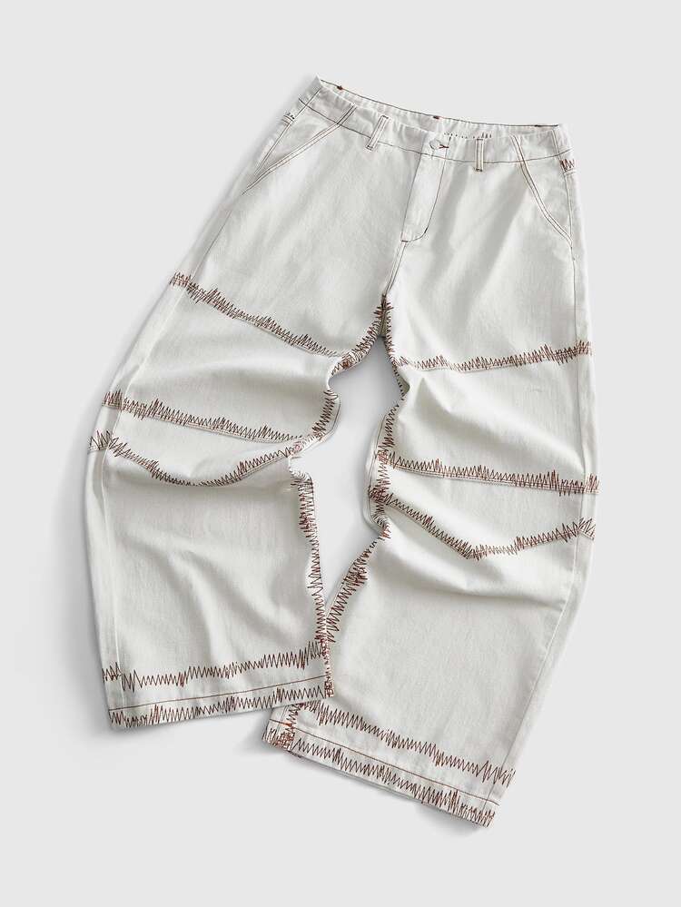 ROMWE MEN Casual Men's Contrast Stitching Button Pocket Loose Wide Leg Denim Jeans - White - View 8