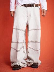 ROMWE MEN Casual Men's Contrast Stitching Button Pocket Loose Wide Leg Denim Jeans - White - View 6
