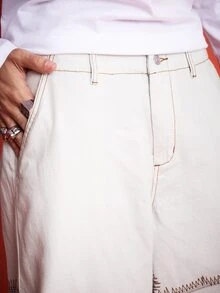 ROMWE MEN Casual Men's Contrast Stitching Button Pocket Loose Wide Leg Denim Jeans - White - View 2