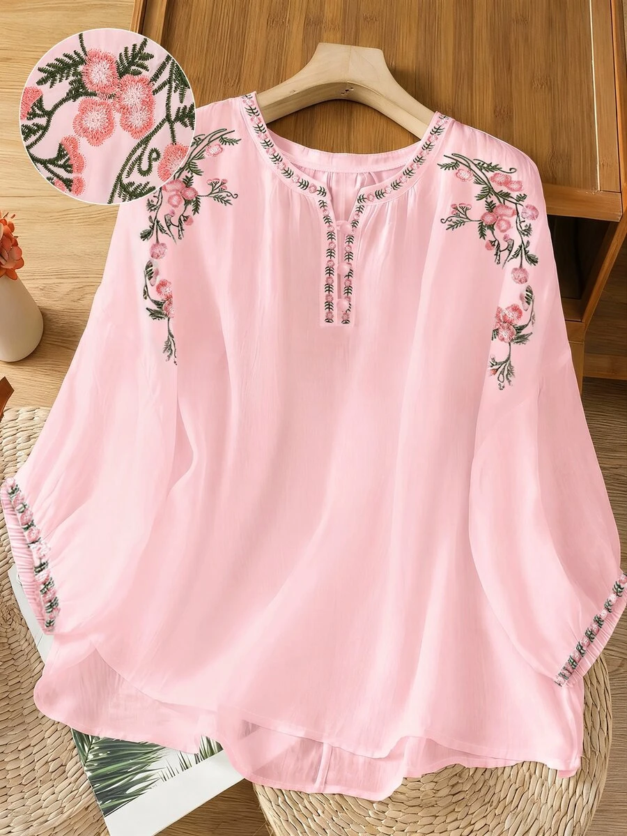 EMERY ROSE Áo sơ mi size lớn thêu dày thoải mái bằng vải lanh tay lỡ - Màu Hồng baby - Xem 1