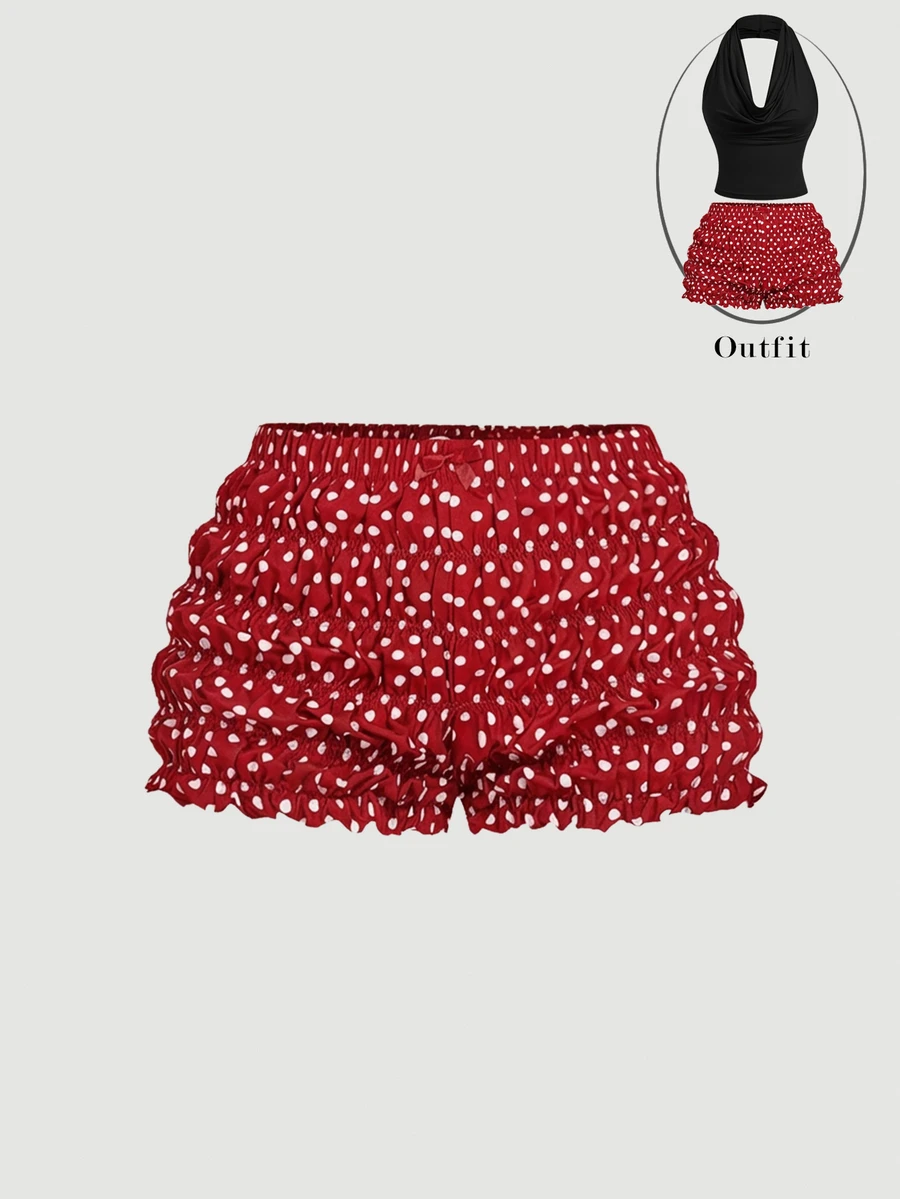 SHEIN MOD Women's Black & White Polka Dot Bowknot Bubble Shorts - Red - View 1