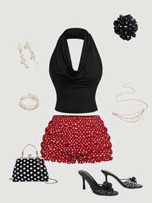 SHEIN MOD Women's Black & White Polka Dot Bowknot Bubble Shorts - Red - View 3