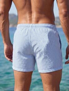 Manfinity Swimmode Men's Drawstring Waist Light Blue Striped Swim Trunks,Summer Casual Beach Holiday Shorts,Tropical Hawaii Bathing And Women Couple - Baby Blue - View 4
