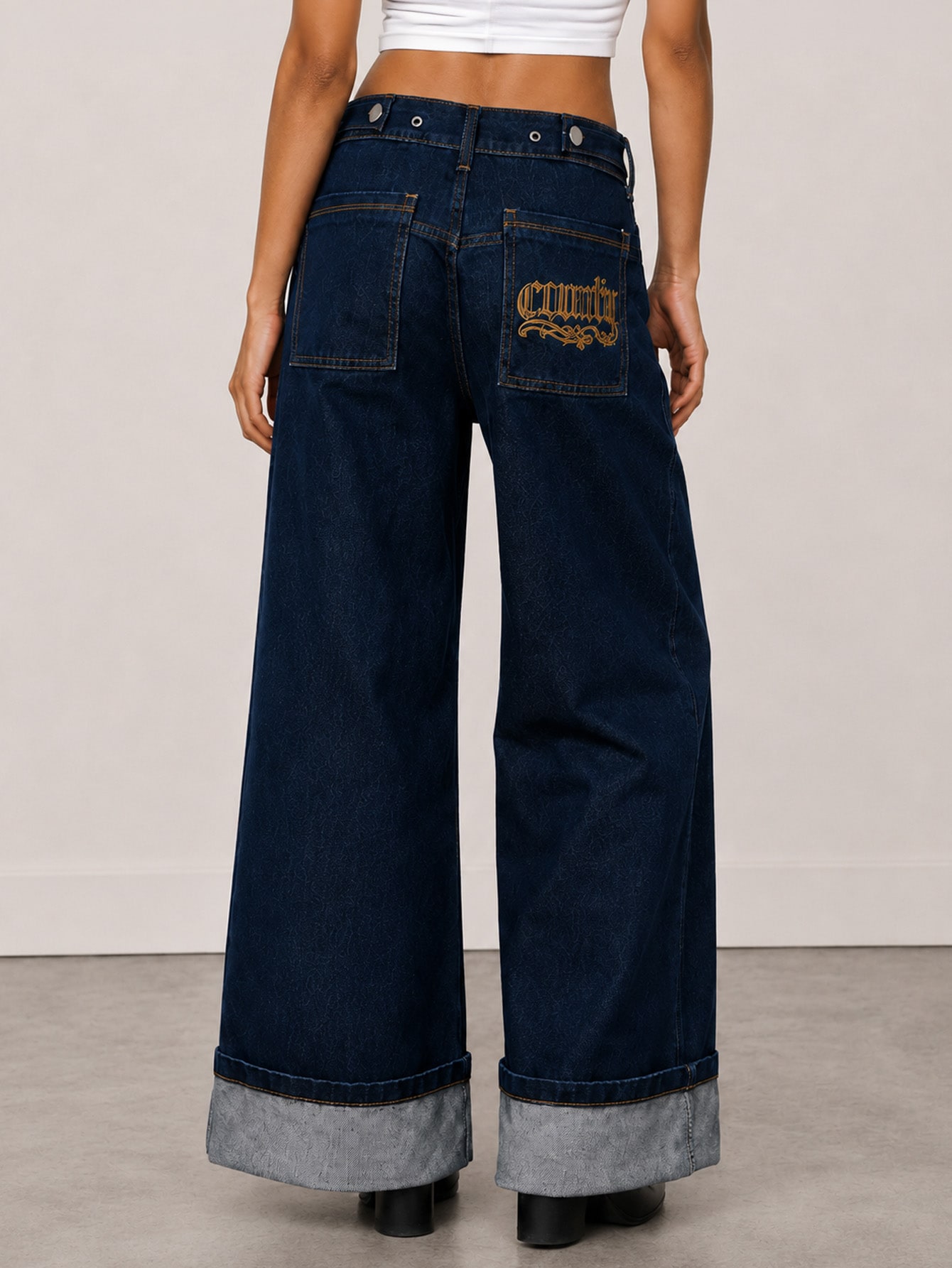 Dark Indigo Denim Turn-Up Hem Baggy Jeans