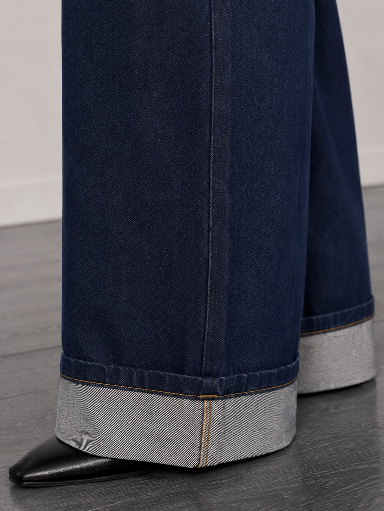 Dark Indigo Denim Turn-Up Hem Baggy Jeans, view 5