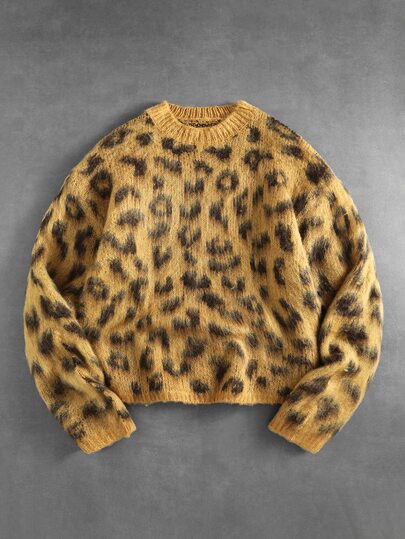 Street Life Maglione da uomo con stampa leopardata e collo tondo, Autunno/Inverno
