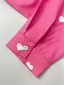 INAWLY Kemeja Kasual Lengan Panjang Bermotif Hati Ukuran Besar untuk Wanita, Kancing Tunggal - Hot Pink - View 4