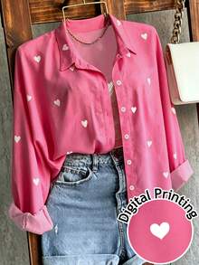 INAWLY Kemeja Kasual Lengan Panjang Bermotif Hati Ukuran Besar untuk Wanita, Kancing Tunggal - Hot Pink - View 1