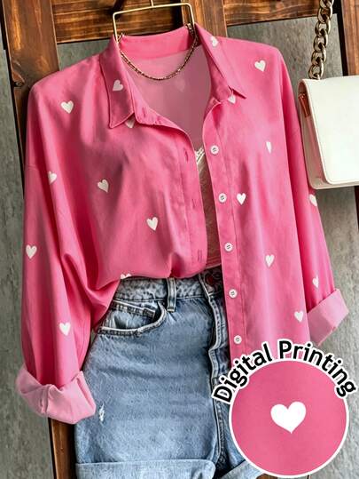 INAWLY Camisa casual de manga larga con estampado de corazones y abotonadura sencilla para mujer talla grande