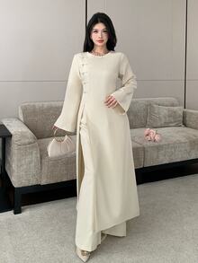 Celisse Apricot Long New Chinese Style Asymmetric Collar Shirt & Straight Leg Pants Casual Women 2 Pieces Set - Apricot - View 3