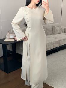 Celisse Apricot Long New Chinese Style Asymmetric Collar Shirt & Straight Leg Pants Casual Women 2 Pieces Set - Apricot - View 1