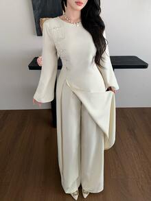 Celisse Apricot Long New Chinese Style Asymmetric Collar Shirt & Straight Leg Pants Casual Women 2 Pieces Set - Apricot - View 5