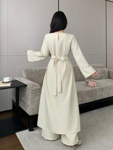 Celisse Apricot Long New Chinese Style Asymmetric Collar Shirt & Straight Leg Pants Casual Women 2 Pieces Set - Apricot - View 2