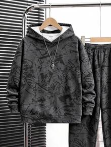 青少年男孩休閒簡約長袖連帽舒適衛衣 2件套，適合秋冬 - 彩色 - 查看 3