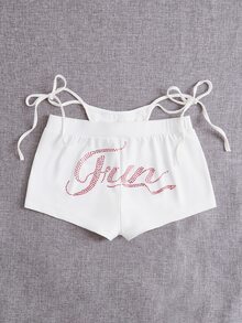 SHEIN ICON Rhinestone Letter Graphic Cut Out Waist Shorts - White - View 4