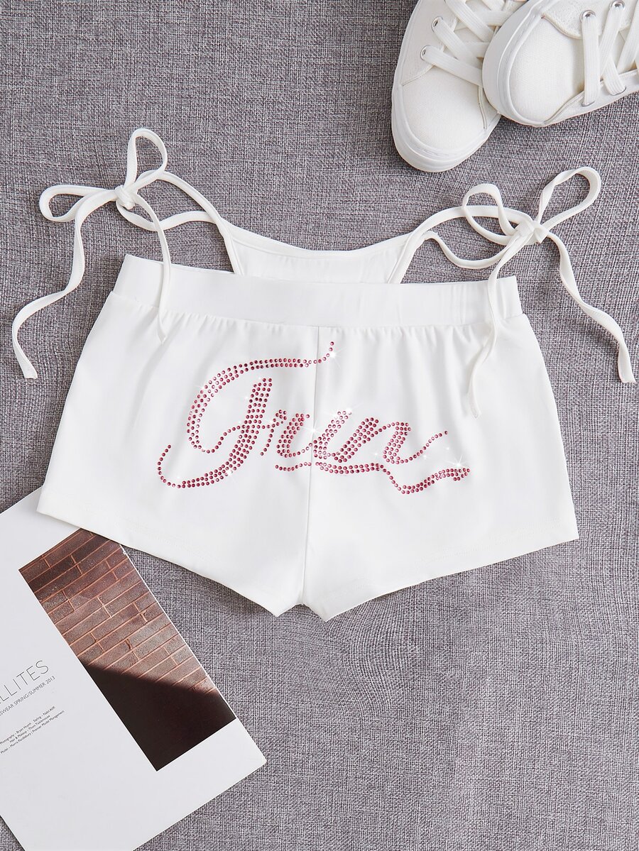 SHEIN ICON Rhinestone Letter Graphic Cut Out Waist Shorts - White - View 1