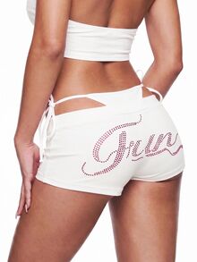 SHEIN ICON Rhinestone Letter Graphic Cut Out Waist Shorts - White - View 2