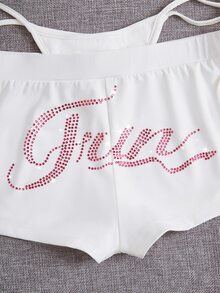 SHEIN ICON Rhinestone Letter Graphic Cut Out Waist Shorts - White - View 7