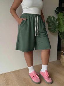 Muchica Plus Size Dark Green Casual Women Drawstring Waist Slant Pocket Shorts Summer - Olive Green - View 4