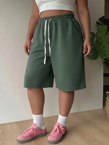 Muchica Plus Size Dark Green Casual Women Drawstring Waist Slant Pocket Shorts Summer - Olive Green - View 3