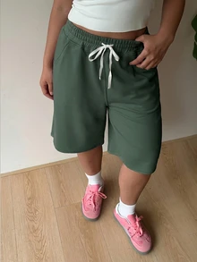 Muchica Plus Size Dark Green Casual Women Drawstring Waist Slant Pocket Shorts Summer - Olive Green - View 5